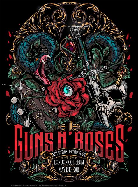 Guns N' Roses London Alternative gig poster Rock Poster Design, Colorful Skull Art, Metal Posters Art, Concert Poster Art, Rock Band Posters, Vintage Music Posters, Gig Poster, London Poster, Room Stickers