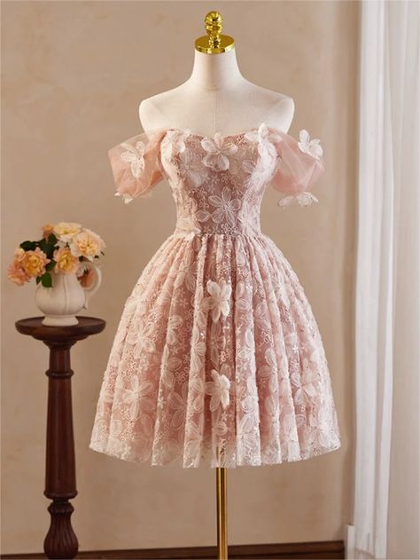 Homecoming Dresses,A-Line Off Shoulder Tulle Lace Pink Short Short Pink Quince Dress, Dama Dresses For Quince Rose Gold, Pastel Pink Lace Dress, Pink Fairy Dress Short, Elegant Pink Dress Short, Light Pink Dama Dresses, Short Pink Wedding Dress, Baby Pink Dress Short, Pink Ruffle Dress Short