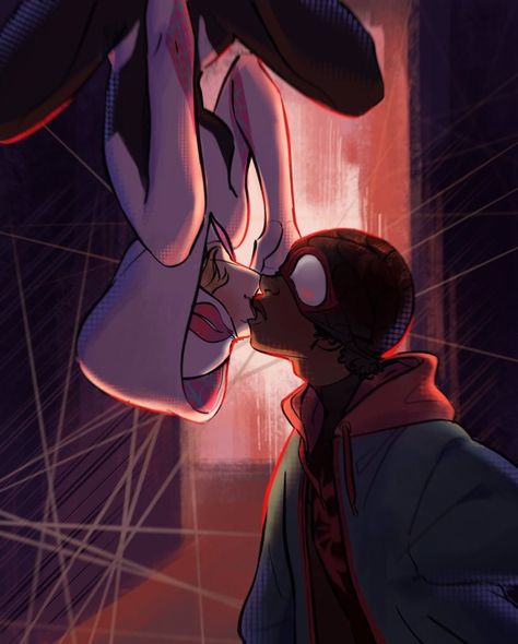 Upside Down Kiss Spider Man, Spider Gwen And Miles Morales Wallpaper, Gwen And Miles Upside Down, Miles And Gwen Upside Down, Spider Man Kiss Drawing Reference, Miles Morales And Gwen Stacy Kiss, Miles And Gwen Fanart Cute, Gwen X Miles Morales, Miles And Gwen Kiss