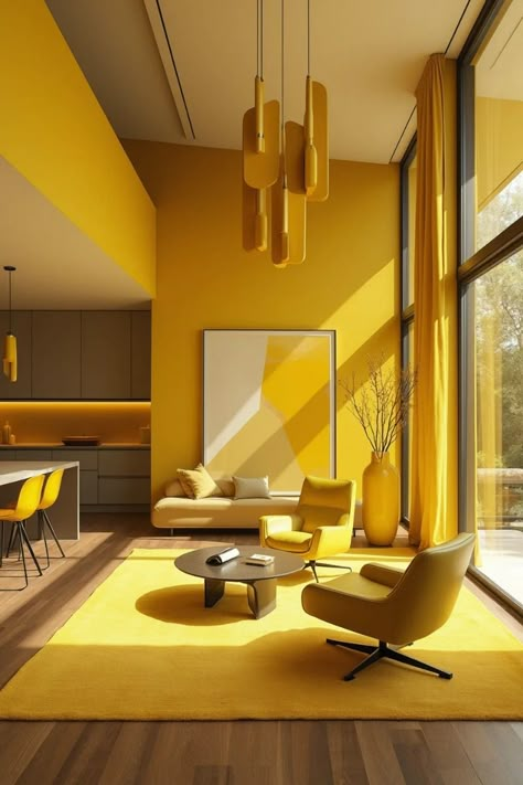 Yellow colors Yellow Accent Wall Office, Restaurant Wall Ideas, Yellow Accent Wall, Yellow Living Room Ideas, Accent Wall Inspiration, Brown Accent Wall, Yellow Accent Walls, Monochromatic Room, Country Style Interiors