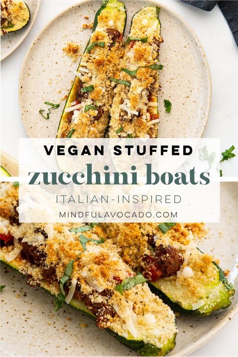 Dairy Free Zucchini Lasagna, Vegan Zucchini Boats, Vegetarian Zucchini Recipes, Vegetarian Zucchini Boats, Baked Stuffed Zucchini, Vegan Avocado Recipes, Zucchini Boats Recipe, Zucchini Boat Recipes, Stuffed Zucchini Boats