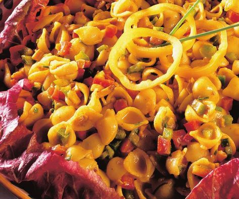 Spicy hits of curry powder and capsicum lend an Indian edge to this basic pasta salad. It makes for a great packed lunch or as a quick weeknight meal - either way it's super filling and loaded with flavour. Basic Pasta Salad, Curried Pasta, Curry Pasta Salad, Curry Salad, Chicken Curry Soup, Curry Pasta, Pasta Varieties, Fresh Summer Salad, Asparagus Pasta