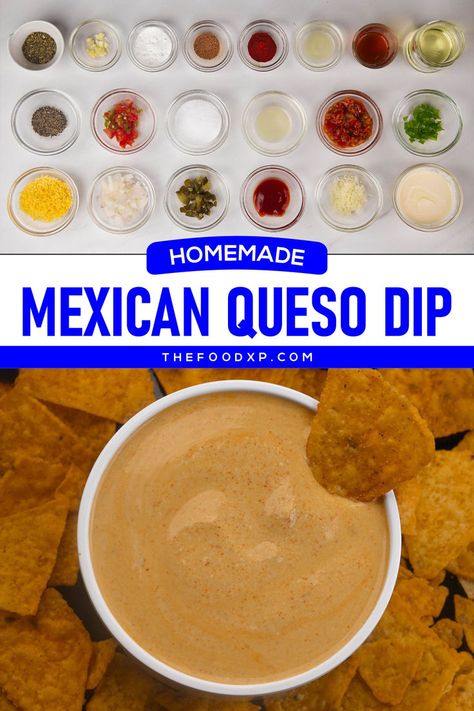 Image of Homemade Mexican Queso Dip served in a ceramic bowl. The dip is creamy and smooth, infused with authentic Mexican spices and garnished with fresh cilantro and diced peppers. Perfect for dipping tortilla chips or drizzling over nachos, this recipe brings the bold flavors of Mexico to your table. Making Queso Dip, Healthy Queso Dip, Mexican Queso Dip, Homemade Queso Recipe, Queso Dips, Mexican Queso, Chipotle Queso, Queso Cheese Dip, Homemade Queso