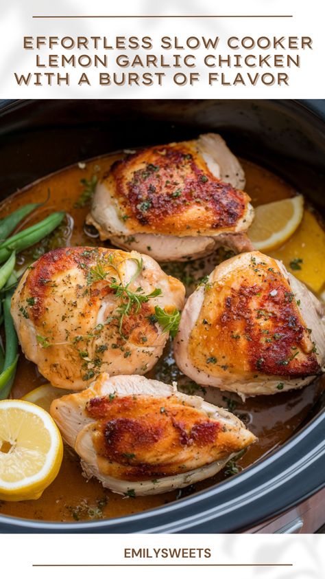 Simplify dinner with this one-pot slow cooker lemon garlic chicken. The combination of lemon and garlic creates a vibrant, mouthwatering dish, while the slow cooker does all the work. Ideal for a hassle-free, flavorful meal that the whole family will love! Slow Cooker Lemon Herb Chicken, Slow Cooker Lemon Garlic Chicken, Lemon Herb Chicken, Lemon Garlic Chicken, Fall Recipe, Lemon Herb, Chicken Slow Cooker Recipes, Fall Food, Ketogenic Diet Recipes