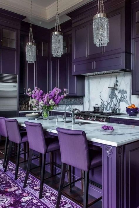 Purple Kitchens, Purple Kitchen Cabinets, Purple Kitchen Designs, Lilac Walls, Magical Spaces, Lavender Walls, Boho Kitchen Ideas, Purple Room, Purple Home Decor