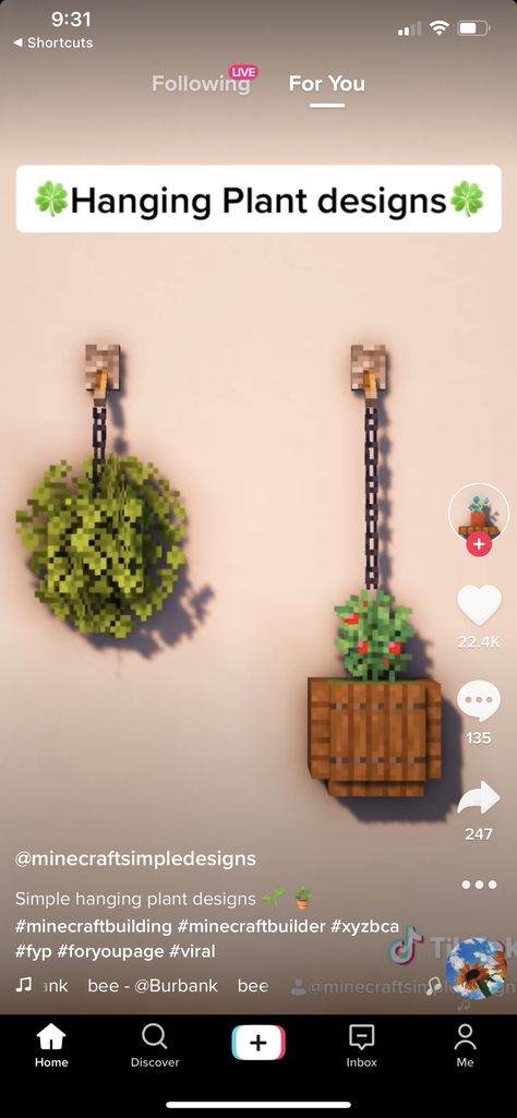 Minecraft House Plant Ideas, Minecraft Flower Pot Ideas, Minecraft Plant Room, Minecraft Hanging Decorations, Minecraft Flower Decor, Minecraft Potted Plant, Plant Ideas Minecraft, Hanging Plants Minecraft, Minecraft Wall Decor Ideas