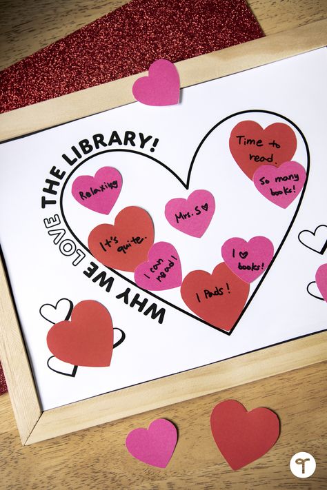 Teaching resource: Use this kids activity for Library Lovers Month! Printable template! Library Lovers Month, February Lessons, School Library Decor, Month Printable, School Library Design, Elementary Library, Library Activities, Valentine Activities, Lovers Day