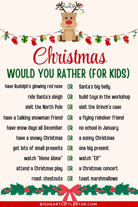 Looking for a kid-friendly Christmas game? These 50 Christmas-themed would-you-rather questions are a hit at family parties or with friends. This printable PDF adds laughs to every gathering, making holiday fun simple and memorable! holiday would you rather, Christmas would you rather questions, Xmas games, fun party games, questions for kids, Christmas party activities, funny would you rather. Christmas Outburst Game, Elf On The Shelf Would You Rather, Fun Christmas Games For Family Free Printable, Would You Rather Christian Questions, Funny Would You Rather Questions Kids, Would You Rather Christmas Edition, Christmas Games For Family Funny Simple, Christmas Would You Rather For Kids, Christmas Party Kids Games