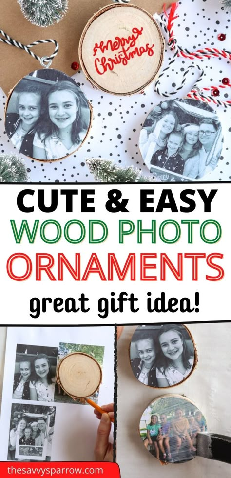 Diy Ornament With Picture, Wood Picture Ornaments, Family Diy Ornaments, Ornament With Picture, Diy Ornaments Picture, Christmas Photo Ornament Craft, Wood Slice Picture Ornaments, Diy Christmas Photo Ornaments, Easy Student Ornaments Diy Christmas