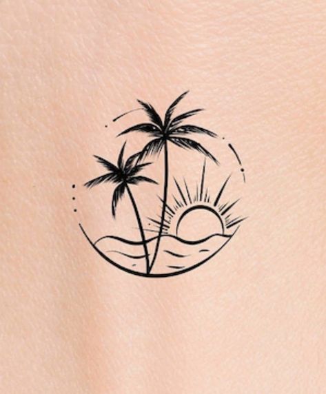 Beach Tattoos For Women, Small Beach Tattoos, Dandelion Tattoo Design, Beach Tattoos, Cool Wrist Tattoos, Palm Tattoos, Summer Tattoo, Palm Tree Tattoo, Beach Tattoo