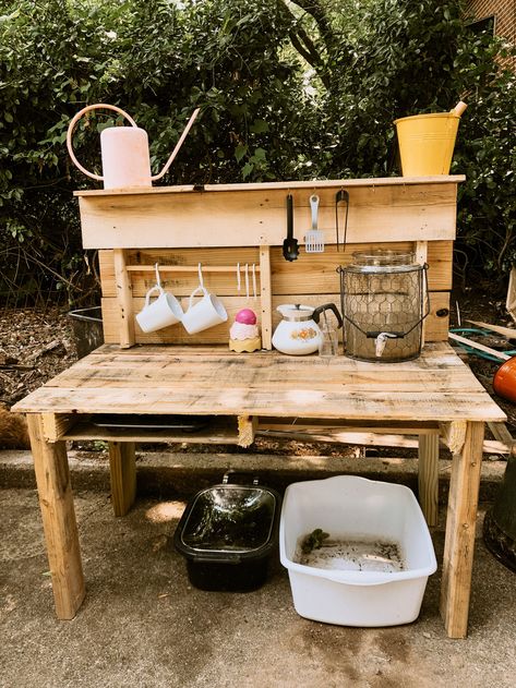 How to Make a Mud Kitchen — Married & a House | A Catholic Blog for Homemaking and DIY Diy Mud Kitchen Outdoor Play Pallets, Homemade Mud Kitchen, Diy Outdoor Kitchen Cheap, Mud Kitchen For Kids Diy, Diy Mud Kitchen Outdoor Play, Mud Kitchen Diy, Pallet Mud Kitchen, Outdoor Play Kitchen, Mud Pie Kitchen