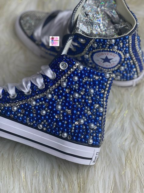 Custom Bling Converse All Star Chuck Taylor Sneakers. All designs handmade and embellished with a variety of high-quality crystals. Good for weddings, proms, homecomings, birthdays, special events or just your everyday girly girl. Shoe Details: Classic blue high-top Converse All Star Chuck Taylor Sneaker (Cloth material style) Shoe Size: starting at women's size 5 to women's size 12; Size availability may vary based on our supplier's current inventory. If your size is out of stock at the time of Sweet 16 Converse, Cute Converse Custom, Badazzel Converse, Blue Rhinestone Shoes, Custom High Top Converse, Eras Tour Shoes Diy, Wedding Chucks Converse, Bejeweled Converse, Quinceanera Converse