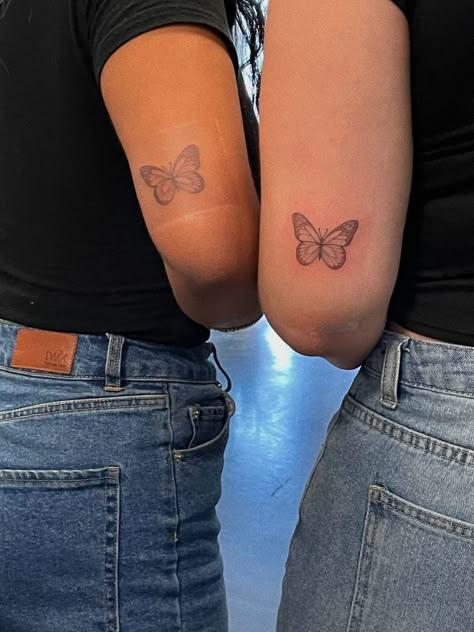 Sister Tattoos For 2 Butterflies, Behind Arm Butterfly Tattoo, Matching Butterfly Tattoos Mom, Simple Matching Tattoos Sister Tat, Matching Butterfly Tattoos Sisters, Butterfly Tattoo Behind Arm, Butterfly Tattoo For Mom, Butterfly Tattoo Above Elbow, Sister Butterfly Tattoos