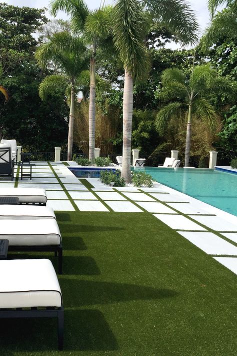 Turf And Pool Backyard Ideas, Turf And Paver Pool Deck, Pool With Astroturf, Pool Turf Ideas, Turf Pool Deck, Artificial Turf Around Pool, Pool With Turf, Small Backyard Design Layout, Small Backyard Design Ideas