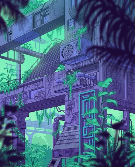 Cyberpunk Garden, Cyberpunk Environment Art, Nature Cyberpunk, Cyberpunk Nature, Cyberpunk Plants, Cyberpunk City Illustration, Scifi Jungle, Plant Cyberpunk, Cyberpunk City Concept Art