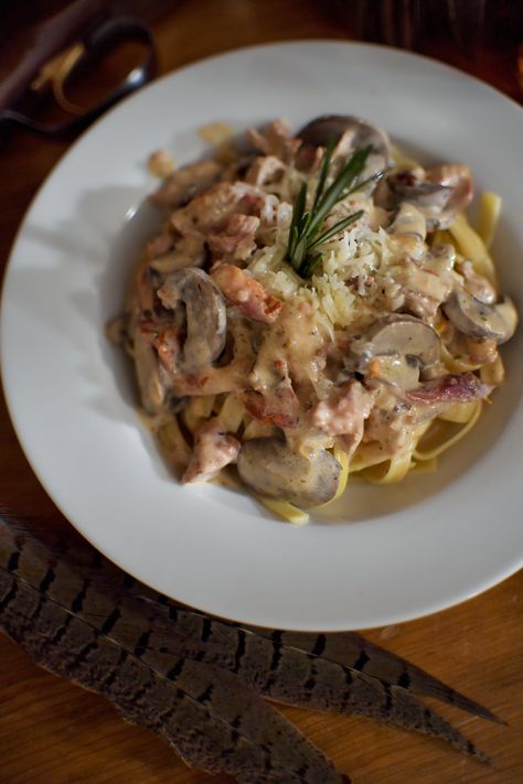 Smoked Pheasant Pasta — Eggs N Eats Creamed Pheasant Recipes, Pheasant Under Glass Recipe, Crockpot Pheasant Recipes Slow Cooker, Pheasant In Crockpot, Pheasant Eggs, Fettuccini Noodles, Pheasant Recipes, Mushroom Broth, Stuffed Portabella Mushrooms