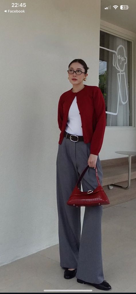 Red Smart Casual Outfit, Red Cardigan Work Outfit, Red Top Work Outfit, Red Cardigan Outfit Winter, Red Trousers Outfit Classy, Red Button Up Shirt Outfit, Red T Shirt Outfit, Red And Brown Outfit, Winter Outfits Modest