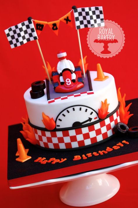 Go Kart Cake - A cake for a birthday boy having a go-karting party. Everything modeled from fondant except the edible image flags. Dental floss holds up the bunting. Go Kart Cake, Go Kart Party, Birthday Cake For Boys, Auto Party, Race Car Cakes, Cars Birthday Cake, New Birthday Cake, Race Car Birthday Party, Race Car Birthday