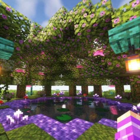 Axolotl Pond Minecraft, Pond In Minecraft, Pond Minecraft, Minecraft Aquarium Ideas, Minecraft Cherry Blossom House, Minecraft Aquarium, Minecraft Village Ideas, Pfp Minecraft, Cherry Blossom House