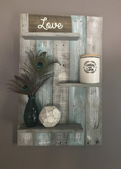 Pallet Wall Shelf, Shelf Pallet, Diy Pallet Decoration, Shelf Wall Decor, Pallet Wall Decor, Pallet Wall Shelves, Pallet Shelf, Teal And Gray, Reclaimed Wood Shelves