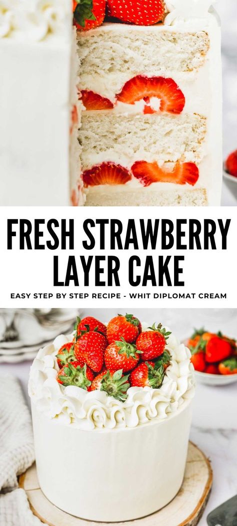 Discover the perfect recipe for strawberry season: an easy, from-scratch fresh strawberry layer cake! Fluffy, moist white cake filled with fresh strawberries and vanilla diplomat cream, topped with silky buttercream frosting. Ideal for any occasion. White Cake With Fresh Strawberries, Double Layer White Cake, Vanilla Cake With Fresh Strawberries, Tiered Strawberry Cake, Southern Strawberry Cake, Strawberry Cake With Buttercream Icing, Strawberry Cream Filling For Cake, Strawberry Layer Cake Recipe, Strawberry Chantilly Cake