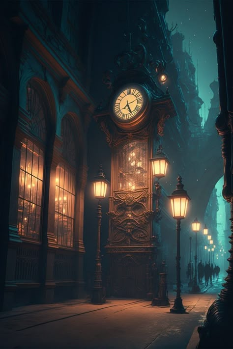 Steampunk London, Steampunk Concept Art, Steampunk Environment, Steampunk City, Street At Night, Buku Harry Potter, Bg Design, Airbrush Art, Fantasy Places