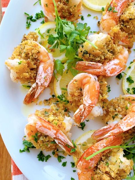 Shrimp Oreganata With Homemade Breadcrumbs - Proud Italian Cook Shrimp Bread Crumbs, Coastal Italian Food, Coastal Recipes, Shrimp Oreganata Recipe, Shrimp Oreganata, Homemade Breadcrumbs, Baked Seafood, Stuffed Shrimp, Seafood Shrimp