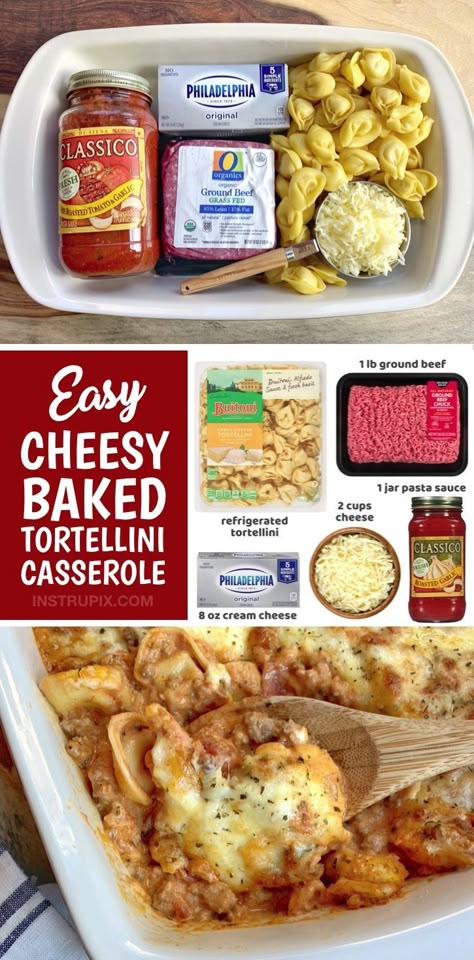 Easy Cheesy Baked Tortellini With Meat Sauce | If you’re looking for cheap and easy dinner recipes for the family, this cheesy baked tortellini casserole is THE BEST simple weeknight meal for picky eaters! Who doesn’t love tortellini? Cute pasta stuffed with cheese, yes please. It’s even better when it’s tossed with a creamy meat sauce and then baked with mozzarella and parmesan sprinkled over top. This simple dinner recipe is perfect for busy moms and dads, especially on hectic weeknights. Baked Tortellini With Sausage, Johnny Carinos Baked Cheese Tortellini, Cheesy Meat Sauce Baked Tortellini, Bakes Tortellini, Sausage Stuffed Tortellini Recipes, Easy Tortilini Recipe, Cheesy Baked Tortellini Casserole With Meat Sauce, Cheesy Tortellini Casserole, Stuffed Tortellini Recipes Pasta Dishes