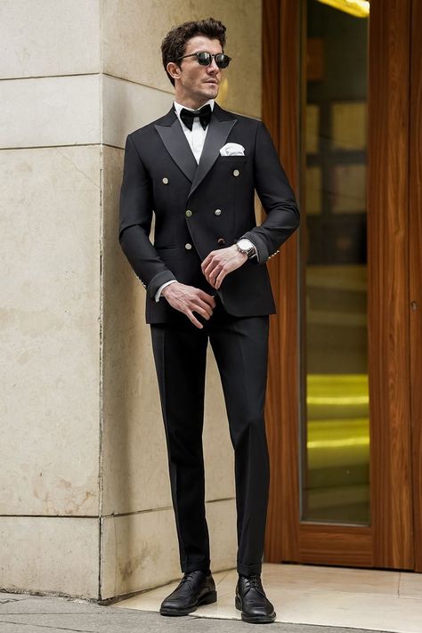 Dress to impress with our Black Double Breasted Tuxedo 2-Piece, a timeless ensemble that exudes sophistication and refinement. Crafted from high-quality fabric, this tuxedo features a double-breasted jacket with peak lapels for a classic yet contemporary look.   #singlebreasted #suit #suits #slimfit #menstyle #menfashion #fashioninspo #formalwear #menclothing #formalattire #tuxedo #tuxedos #blacktuxedo Double Breasted Suit Men Wedding, Double Breasted Suit Men, Black Tuxedo Suit, Bow Tie Suit, Modern Fit Suit, Double Breasted Tuxedo, Suit Stores, Slim Fit Suit Men, Slim Fit Suits