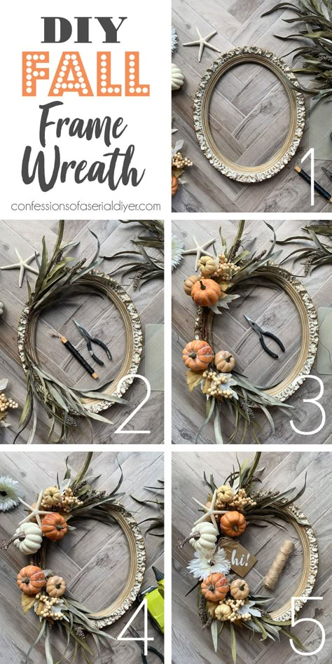 DIY Fall Frame Wreath | Confessions of a Serial Do-it-Yourselfer Front Door Fall Wreaths Diy, Wreaths Fall Diy, Fall Crafts Wall Decor, Diy Fall House Decor, Artsy Front Doors, Advanced Crafts For Adults, Frame Wreaths For Front Door, Spooky Indoor Decor, Fall Frame Wreath