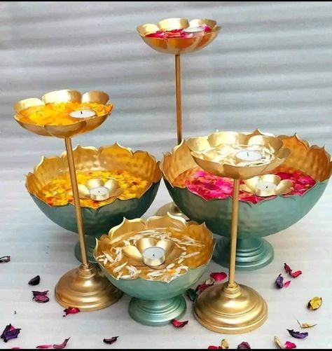 3 urli bowls 3 lotus stands 3 small votives Complete set of 9 pieces Size : Urli bowl 12 10 8 inch Stands 14 12 10 inch Small votives 4 inch Price ₹1700 complete set free shipping New rates😍 Big stocks Urli Bowl, Kids Handicraft, Silver Pooja Items, Gold Chain With Pendant, Metal Bowl, Bowl Designs, Indian Festivals, Family Celebrations, Floating Candles