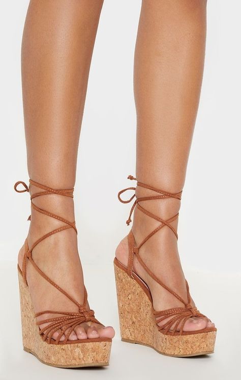 Cork Heels Wedges, Cork Wedges Outfit, Strappy Wedge Heels, Trendy Heels, Lace Up Espadrilles, Cork Wedges, High Heel Wedges, Strappy Wedges, Brown Shoes