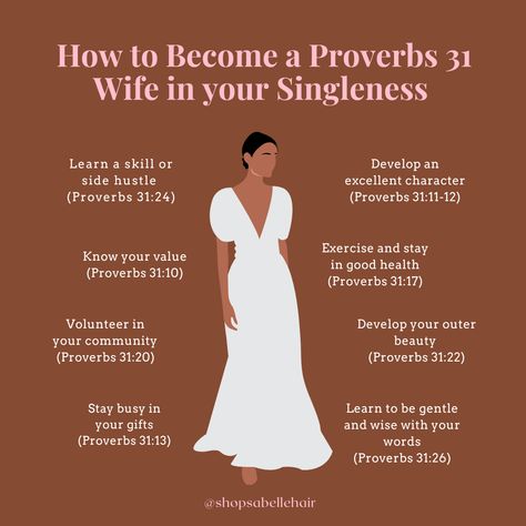 Whether you're single or in a relationship, this is a path to becoming the best version of YOU! 🙌💕  Shop at www.sabellehair.com  #Proverbs31Woman #GodlyWoman #Shopsabellehair #Gluelesswig #LuxuryWigs Proverbs 31 Woman Characteristics, Probers 31 Woman Quotes, Psalms 31 Woman Proverbs 31, Proverbs 31 Woman Challenge, Proverbs 31 Woman Aesthetic, Proverbs 31 Woman Quotes, Proverbs Wife, Christian Tips, A Proverbs 31 Woman