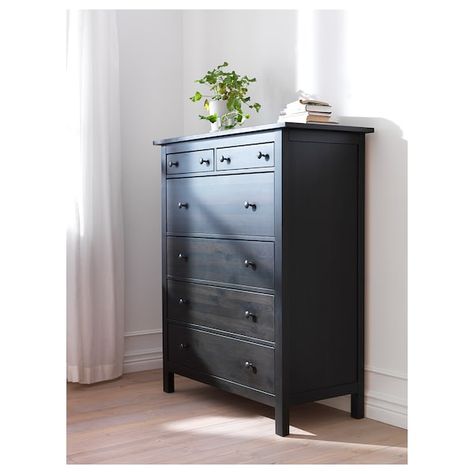 Ikea Dark Dresser, Tall Black Chest Of Drawers, Ikea Black Dresser, Hemnes Chest Of Drawers, High Chest Of Drawers, Hemnes Dresser, Farm Bedroom, Black Chest Of Drawers, Black Dresser