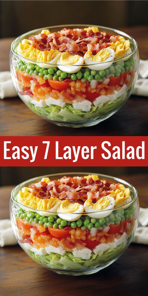 Try this easy 7 Layer Salad! Layers of fresh veggies, bacon, eggs, and cheddar cheese topped with a sweet mayo dressing. So simple and delicious! Seven Layer Taco Salad Recipe, 7layer Salad Recipe Bacon, 24 Hour Salad Recipe, Veggie Potluck Ideas, Layered Salads For Parties, 7 Layer Salad With Cauliflower, Seven Layer Salad Recipe Classic, 7 Layer Salad Dressing, 7 Layer Salad Recipe Classic