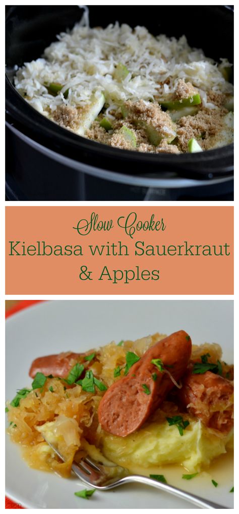 Saurkraut And Kielbasa, Kielbasa And Sauerkraut Crockpot, Pork Roast With Sauerkraut, Sauerkraut And Kielbasa, Apple Crockpot Recipes, Crockpot Apples, Kielbasa Crockpot, Cabbage Slow Cooker, Pork Roast And Sauerkraut