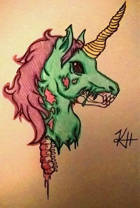 Horror Cartoon Tattoo, Evil Unicorn Tattoo, Dark Unicorn Tattoo, Zombie Tattoo Ideas, Zombie Animals Drawing, Scary Unicorn Drawing, Evil Unicorn Drawing, Gothic Unicorn Tattoo, Zombie Unicorn Tattoo