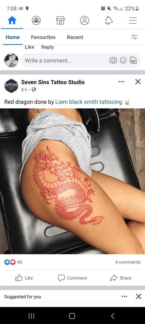 Dragon Tattoo For Women Red Ink, Nikita Dragon Tattoo, Dragon Tat On Thigh, Red Dragon Tattoo On Leg, Red Dragon Tattoo On Thigh, Red Snake Tattoo Thigh, Dragon Thigh Hip Tattoo, Red Ink Leg Tattoos Women, Red Ink Leg Tattoo