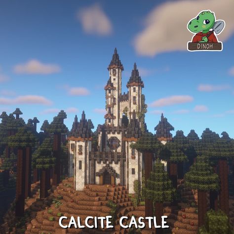 Castle On Hill Minecraft, Minecraft Castle On A Hill, Minecraft Castle Palette, Spruce Castle Minecraft, Minecraft Castle Color Palette, Minecraft Castle Interior Design, Mc Castle Ideas, Stone Castle Minecraft, Minecraft Deep Slate Castle