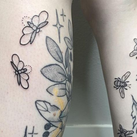 Bee Filler Tattoo, Springtime Tattoo, Firefly Tattoo Simple, Cute Bug Tattoo, Lightning Bug Tattoo, Firefly Design, Botanical Sleeve, Firefly Tattoo, Whimsical Tattoos