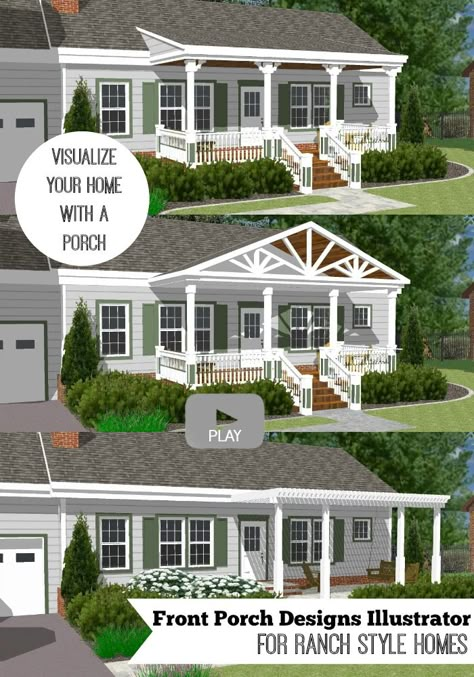 Watch our front porch designs illustrator add different types of porches to a ranch home and visualize your home with a porch! Front Entrance Addition Entryway, Front Porch Addition To Ranch Style Home, Covered Pergola Front Porch, Portico Porch Ideas, Front Porch Deck Ranch House, Covered Porch Addition Front Entry, Front Porch Addition On Ranch House Before And After, Off Centered Front Door Porch, Off Center Porch