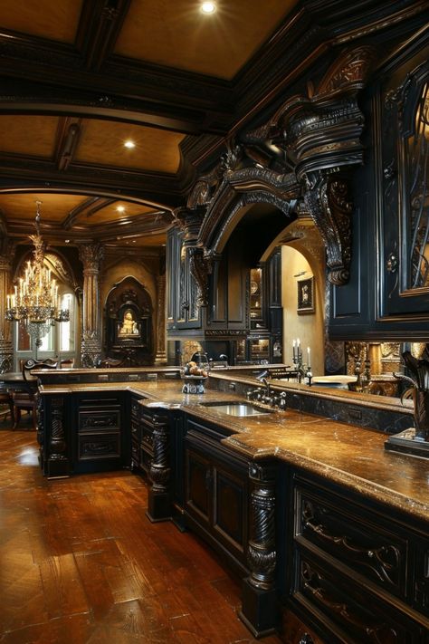 Neo Gothic Interior Design, Gothic Style Kitchen, Gothic Kitchens, Slender Mansion, Western Interior Design, Gothic Interior Design, Mansions Interior, Dark Island, Bloxburg Interior