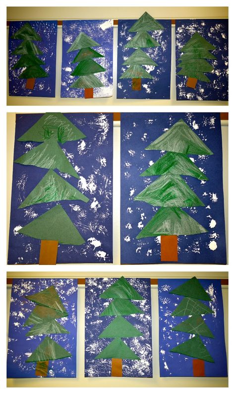 shapes | the colors of my day Prek Winter Art, Winter Tree Crafts, Winter Theme Preschool, Tree Collage, Kindergarten Art Lessons, Pine Tree Art, Preschool Winter, Winter Activities Preschool, Winter Art Projects