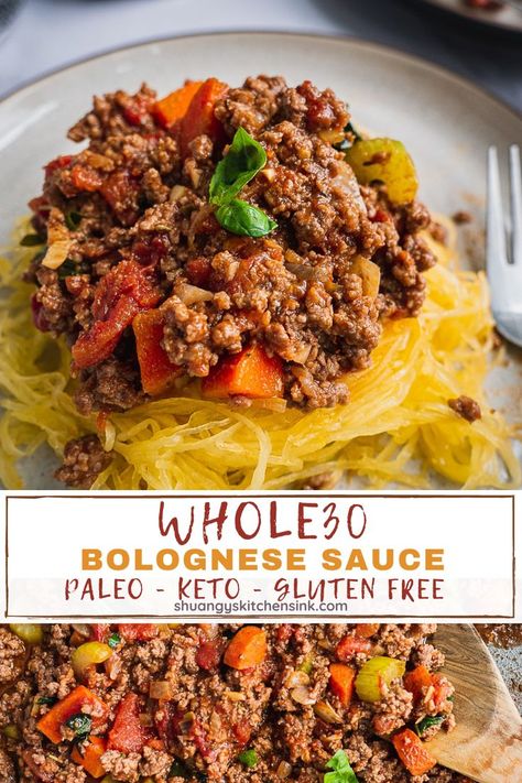 healthy bolognese sauce made with meat and vegetables is served with spaghetti squash Whole 30 Bolognese Sauce, Paleo Bolognese Sauce, Healthy Beef Bolognese Recipe, Keto Bolognese Recipe, Keto Bolognese Sauce, Bolognese Sauce Dairy Free, High Protein Bolognese, Dairy Free Bolognese Sauce, Healthy Bolognese Recipe