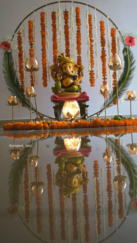 Ganpati Decoration Theme, Mandir Decoration, Ganpati Decor, Ganesh Chaturthi Decoration, Home Flower Decor, Ganpati Decoration At Home, Janmashtami Decoration, Diy Floral Decor, Ganapati Decoration