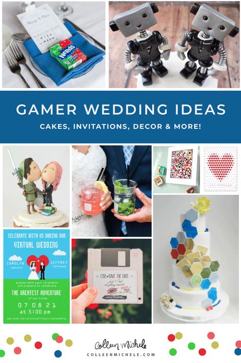 Wedding Ideas for Gamers Nerd Wedding Reception, Gamer Wedding Theme Ideas, Nintendo Themed Wedding, Computer Wedding Theme, Gamer Wedding Favors, Nerdy Wedding Reception Ideas, Nerdy Bridal Shower Ideas, Gaming Themed Wedding, Gamer Wedding Centerpieces