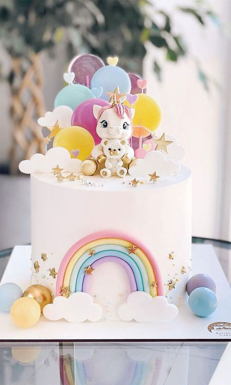 unicorn cake, unicorn birthday cake, unicorn cake design #unicorncake unicorn cake rainbow, unicorn cake design 1 layer, unicorn cake design 2 layers, unicorn cake ideas Cake Ideas For Boys, Unicorn Cake Design, Kue Fondant, Baby Birthday Cake, Birthday Cake Designs, Girls First Birthday Cake, Rodjendanske Torte, Pastel Mini