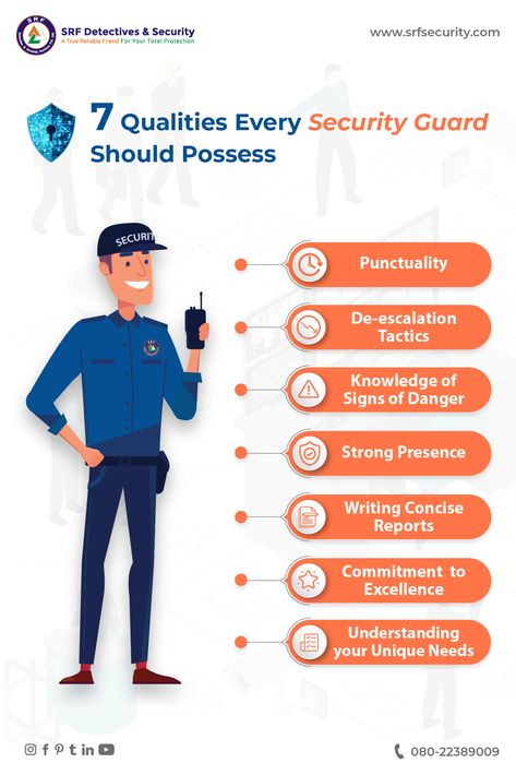 Do you want to hire a new Security Guard service for your company? If you are looking for the right security professional which will guarantee the best service there is, wherever they are stationed then these qualities are a must that any personal should possess: 1.	Punctuality 2.	De-escalation Tactics 3.	A Knowledge of the Warning Signs of Danger 4.	A Strong Presence 5.	The Ability to Write Concise Reports 6.	A Continued Commitment to Excellence 7.	An Understanding of your Unique Needs Security Officer Training, Security Manager, Security Resume, Personal Security Guard, Security Report, Armed Security Guard, Security Guard Companies, Security Uniforms, Security Guard Services