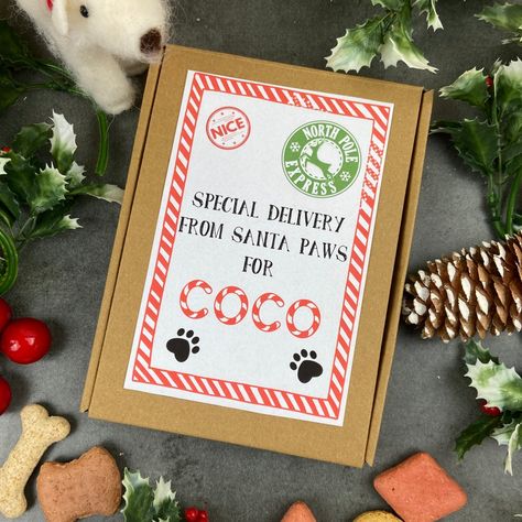 Here at TreatsByPersnickety we have your dog's Christmas all wrapped up! Make Christmas extra special for your doggy with these Personalised Christmas Treat Boxes direct from Santa Paws. If your doggy has been a good girl or a good boy all year round then this makes a perfect little treat. The box is personalised with your doggies name. Please just leave the name you would like adding to the box The Christmas Box Contains 130g Of Delicious Dog Treats For Your Fury Friend To Enjoy This Christmas! Christmas Dog Treats, Treats Christmas, Dog Gift Box, Christmas Treats Boxes, Dog Box, Puppy Treats, Christmas Treat, Santa Paws, Dog Gift