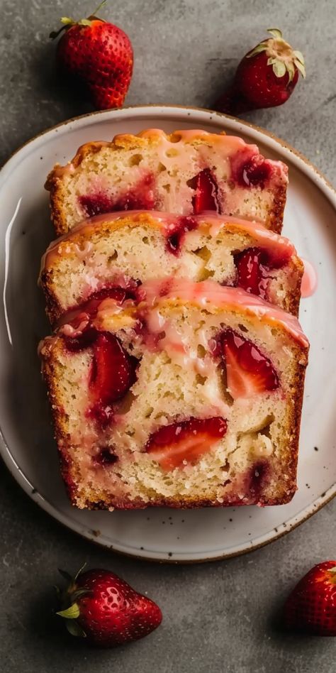 Glazed Strawberry Bread [75 Minutes] - Chasety Strawberry Shortcake Bread, Strawberry Bread Recipe, Pan Desserts, Strawberry Bread Recipes, Loaf Breads, Bread Photography, Loaf Pan Cake, Mini Loaves, Strawberry Bread